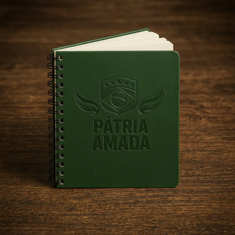 Caderno verde com espiral preto e brasão Pátria Amada