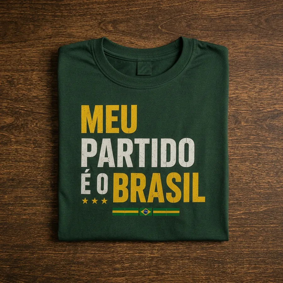 Camiseta verde com a frase Meu Partido é o Brasil em amarelo e branco