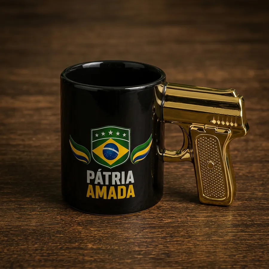Caneca preta com alça dourada e brasão Pátria Amada