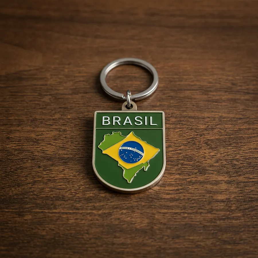 Chaveiro metálico Brasil com o mapa do país nas cores da bandeira