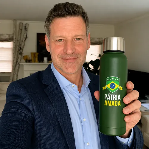 Henrique Soares com a garrafa térmica Pátria Amada