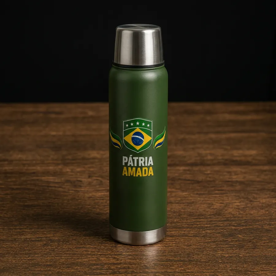 Garrafa térmica verde-oliva com brasão Pátria Amada